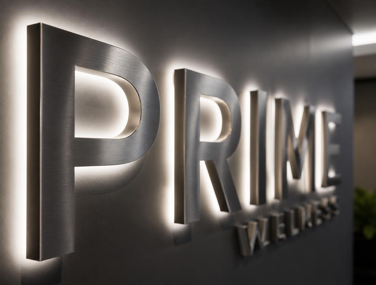 Halo-lit brushed stainless letters glowing on a dark reception wall
