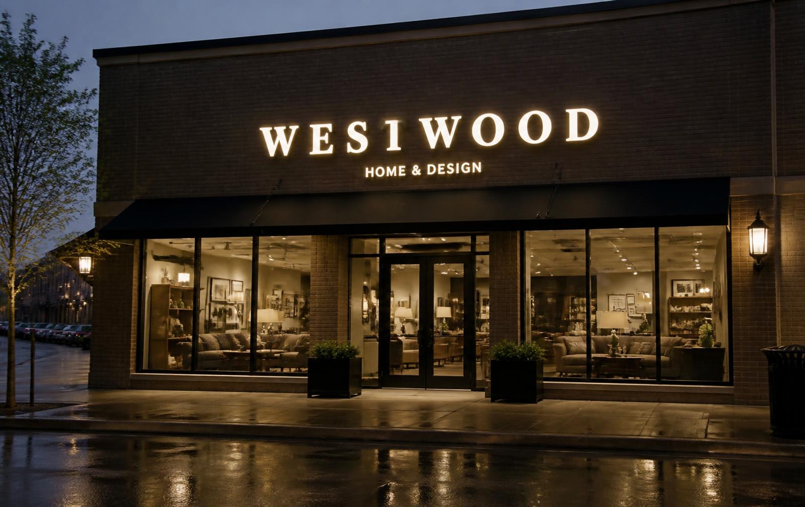 Warm white illuminated channel letters glowing above a modern storefront at dusk